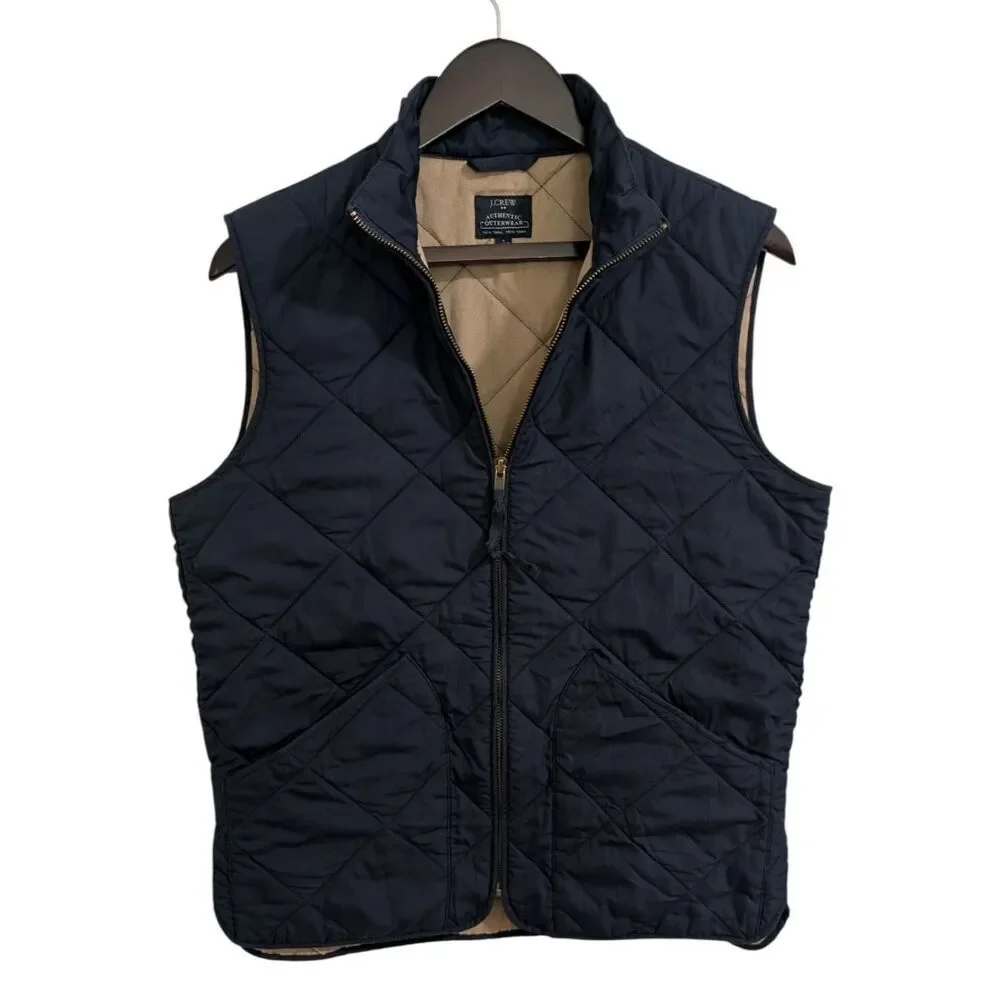 J.Crew Men's Authentic Outerwear Quilted Sussex Vest - Navy Blue & Tan Size S